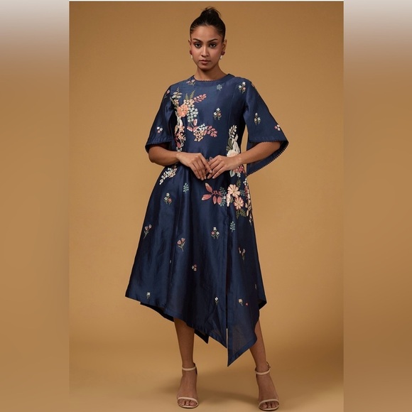 Sahil Kochhar Dresses & Skirts - Sahil Kochhar Asymmetrical Navy Blue Chanderi Embroidered Tunic Dress, L